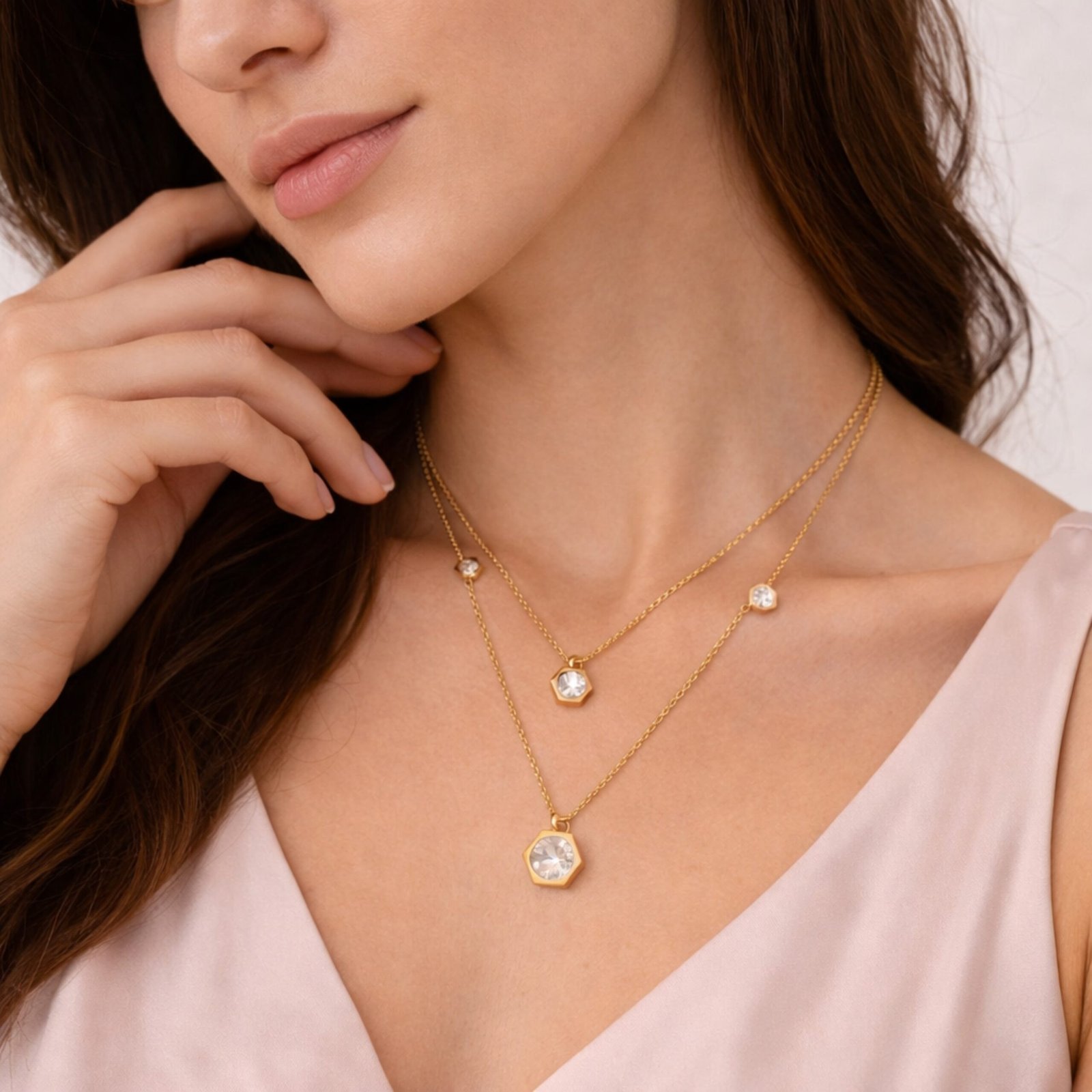 Hexagon Crystal Layered Chain Necklace