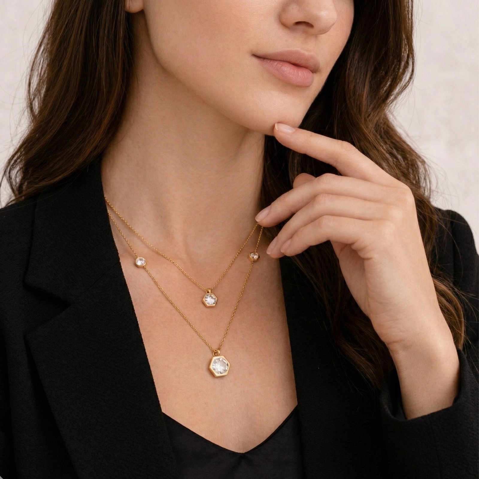 Hexagon Crystal Layered Chain Necklace