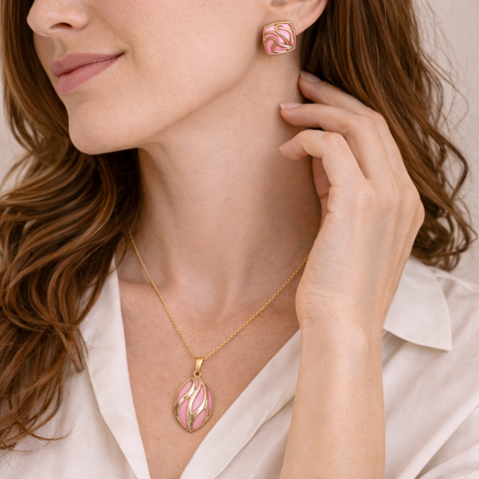 Pink Art Leaf Pendant Set
