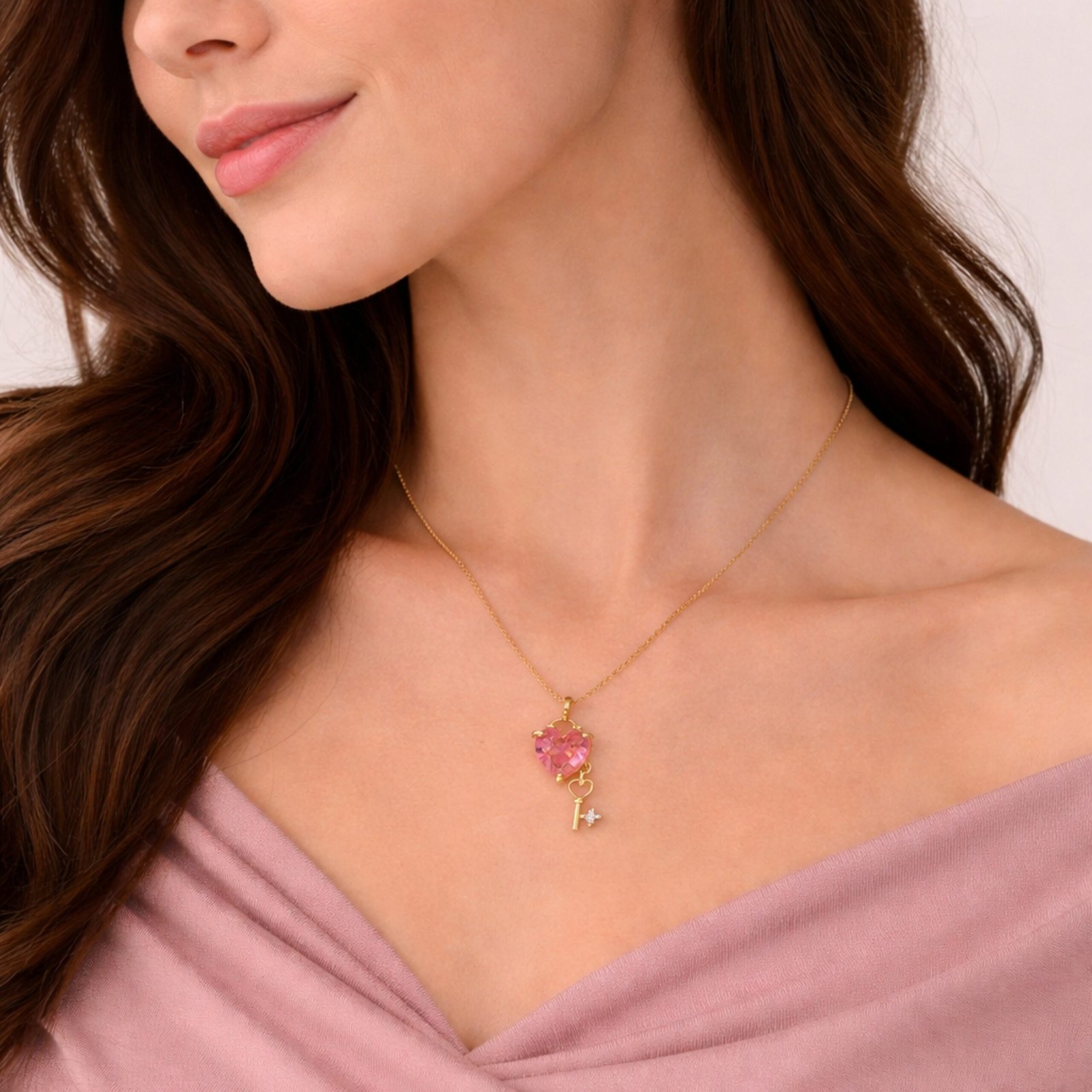Pink Heart Key Necklace