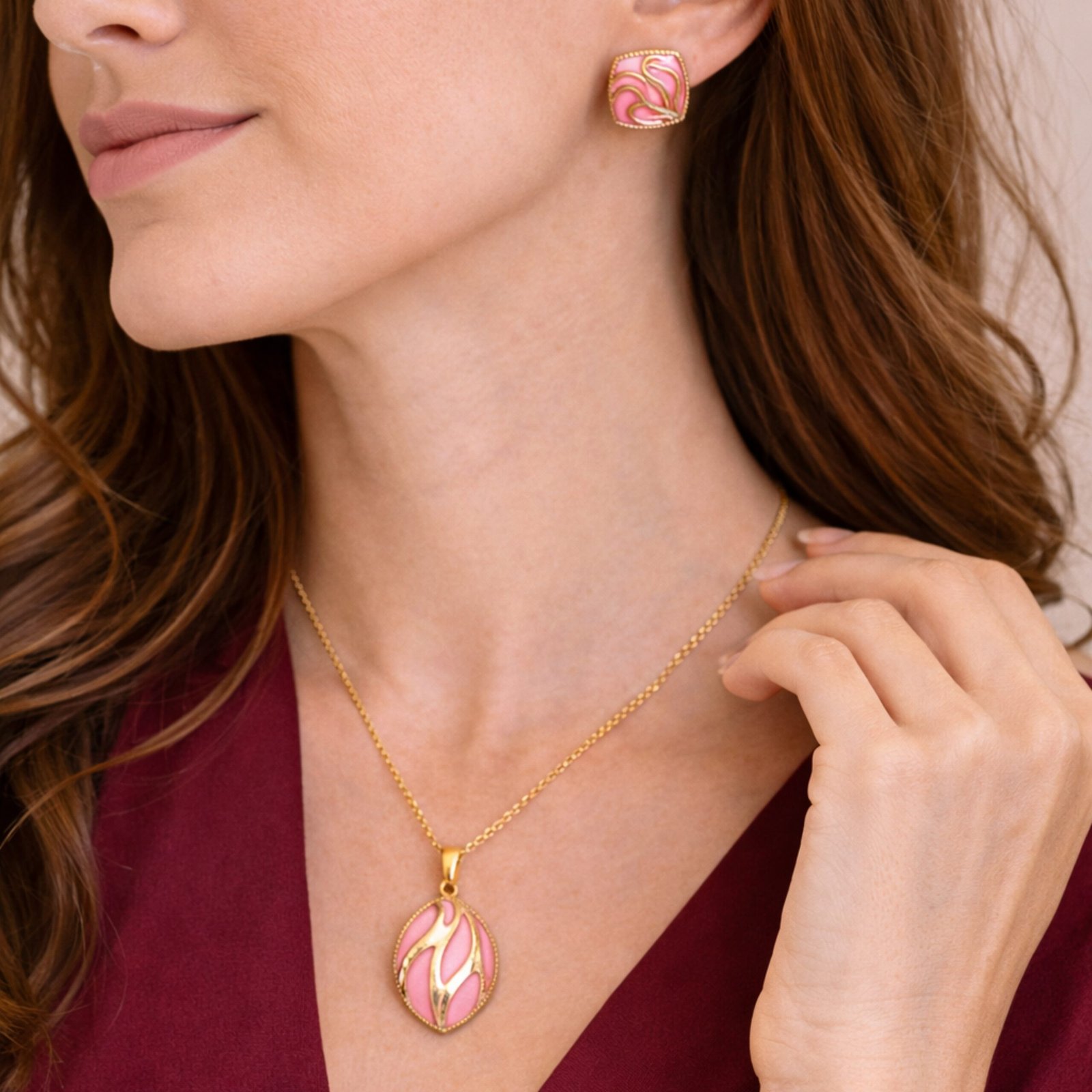 Pink Art Leaf Pendant Set