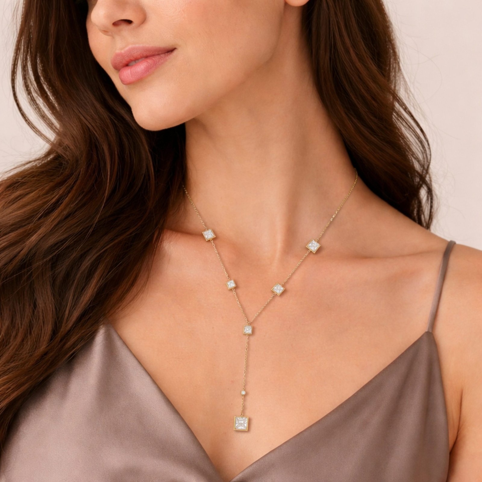 Square Crystal Drop Chain Necklace