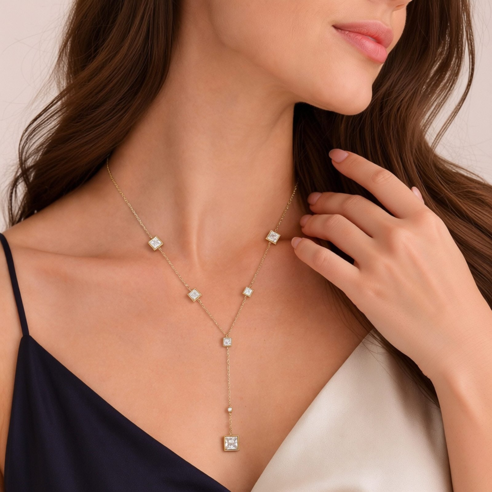 Square Crystal Drop Chain Necklace