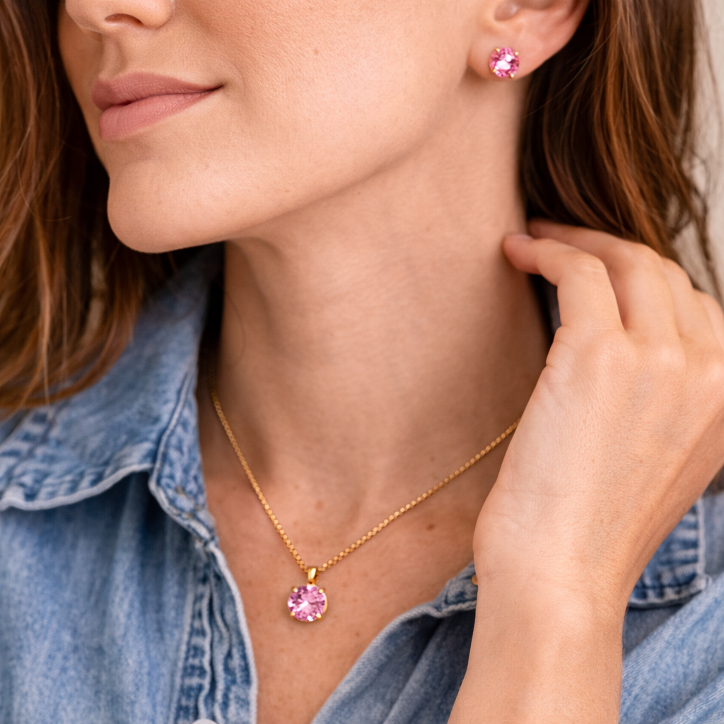 Pink Crystal Solitaire Pendant Set
