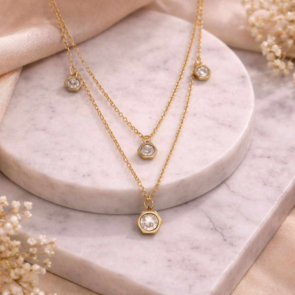 Hexagon Crystal Layered Chain Necklace