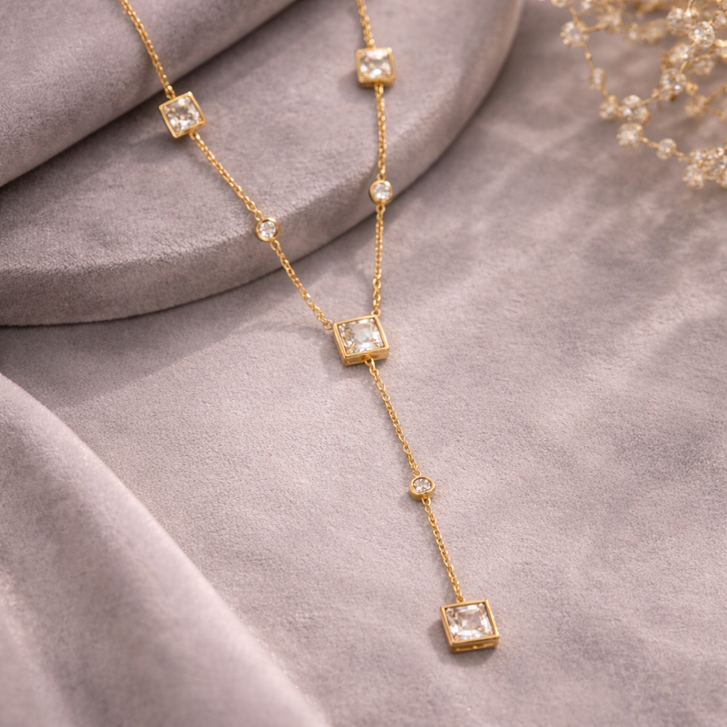 Square Crystal Drop Chain Necklace