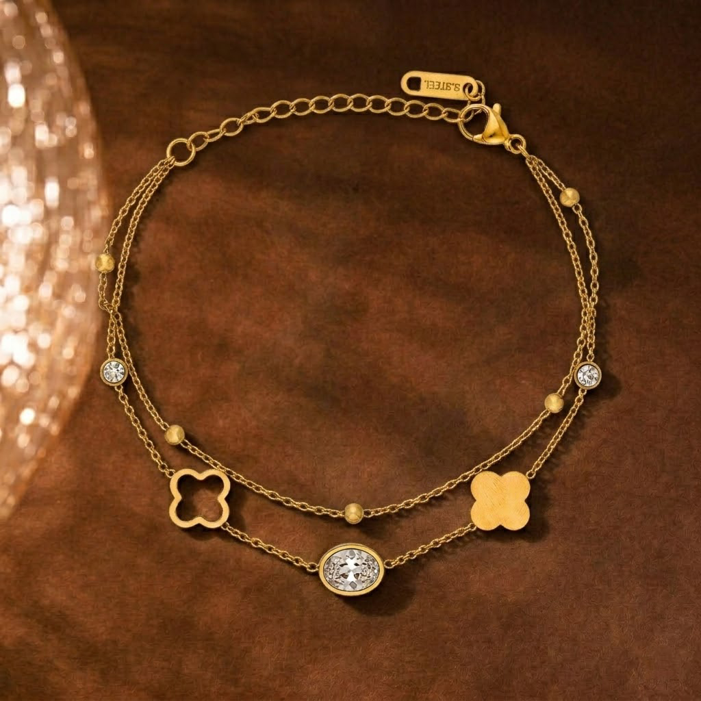Clover Crystal Double Chain Bracelet