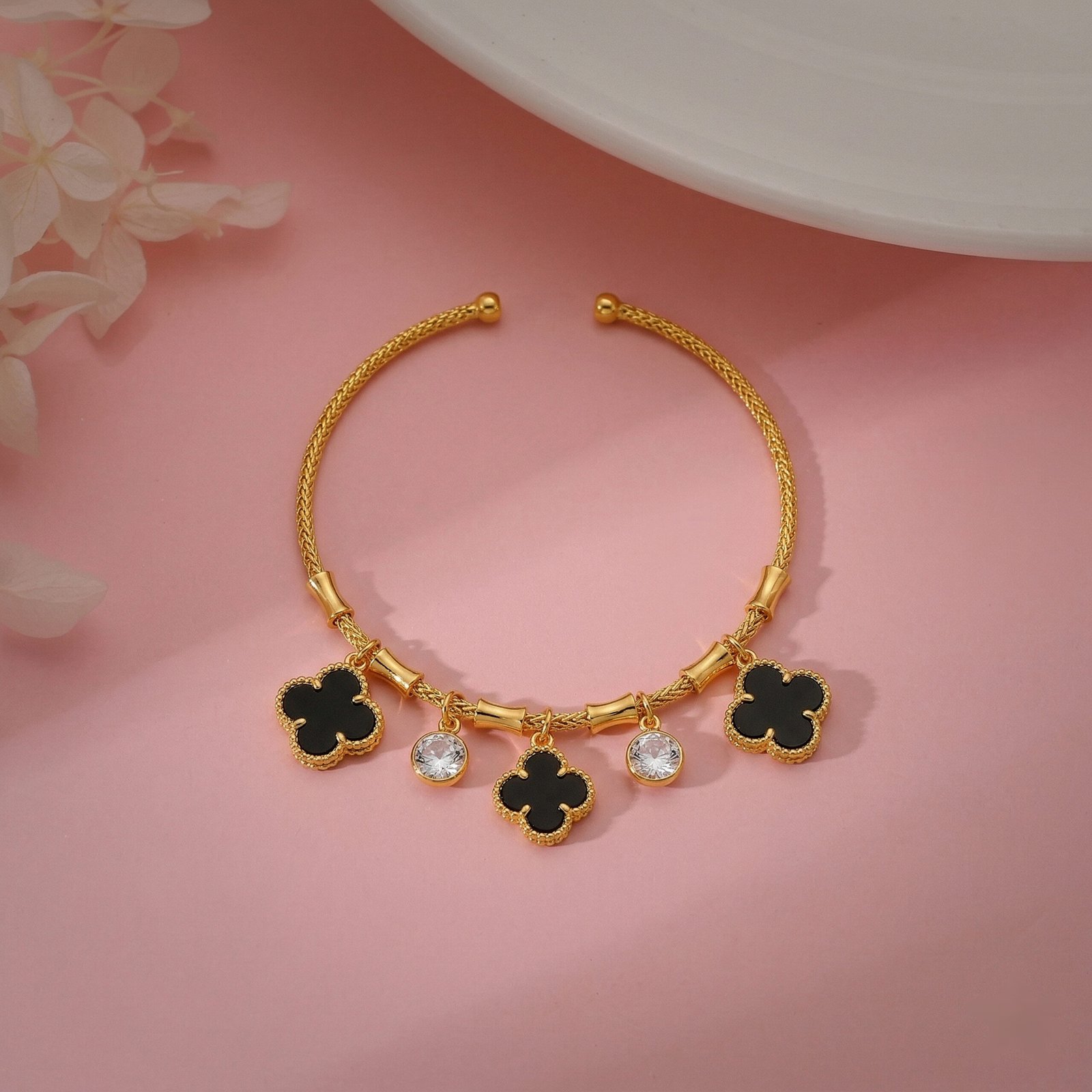 Clover Charm Bracelet with Crystal Drops