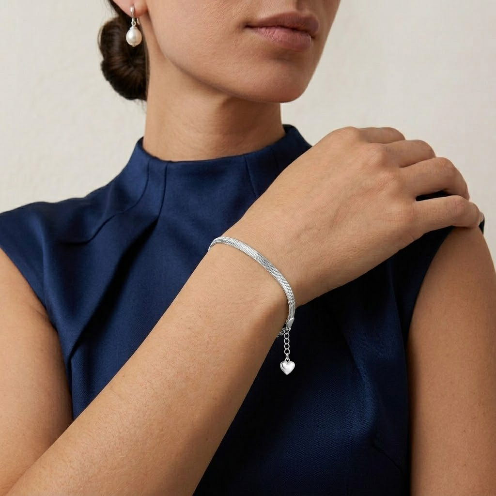 Silver Herringbone Charm Bracelet