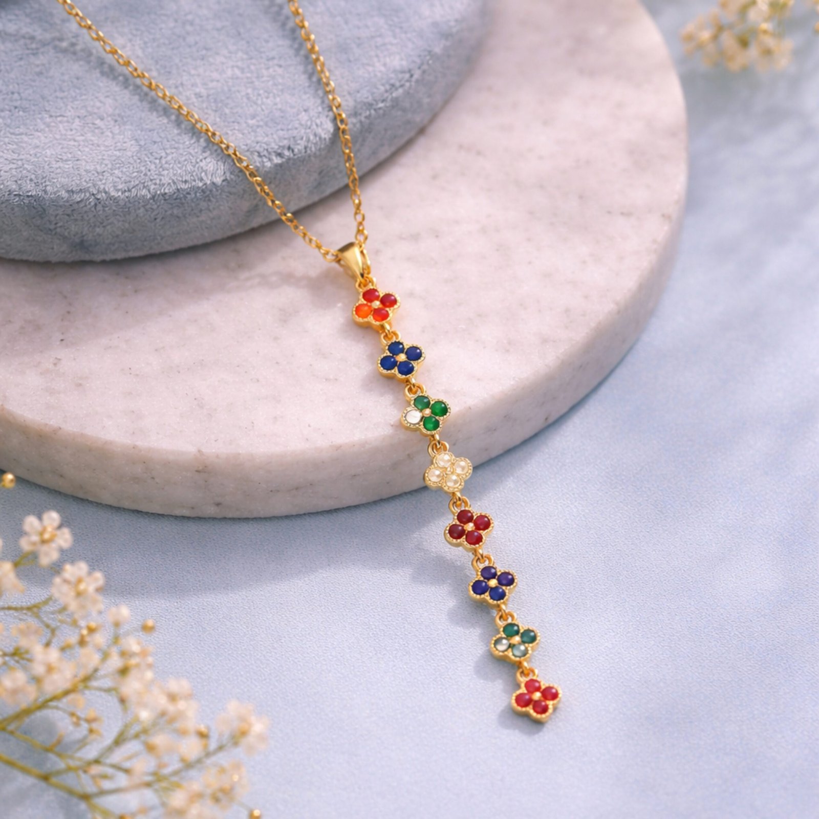 Multicolor Floral Drop Chain Necklace