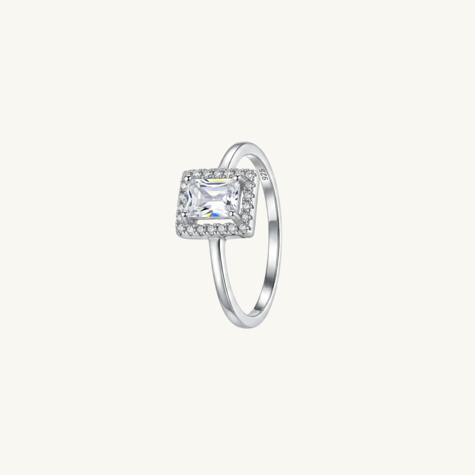 Emerald Cut Halo Silver Ring