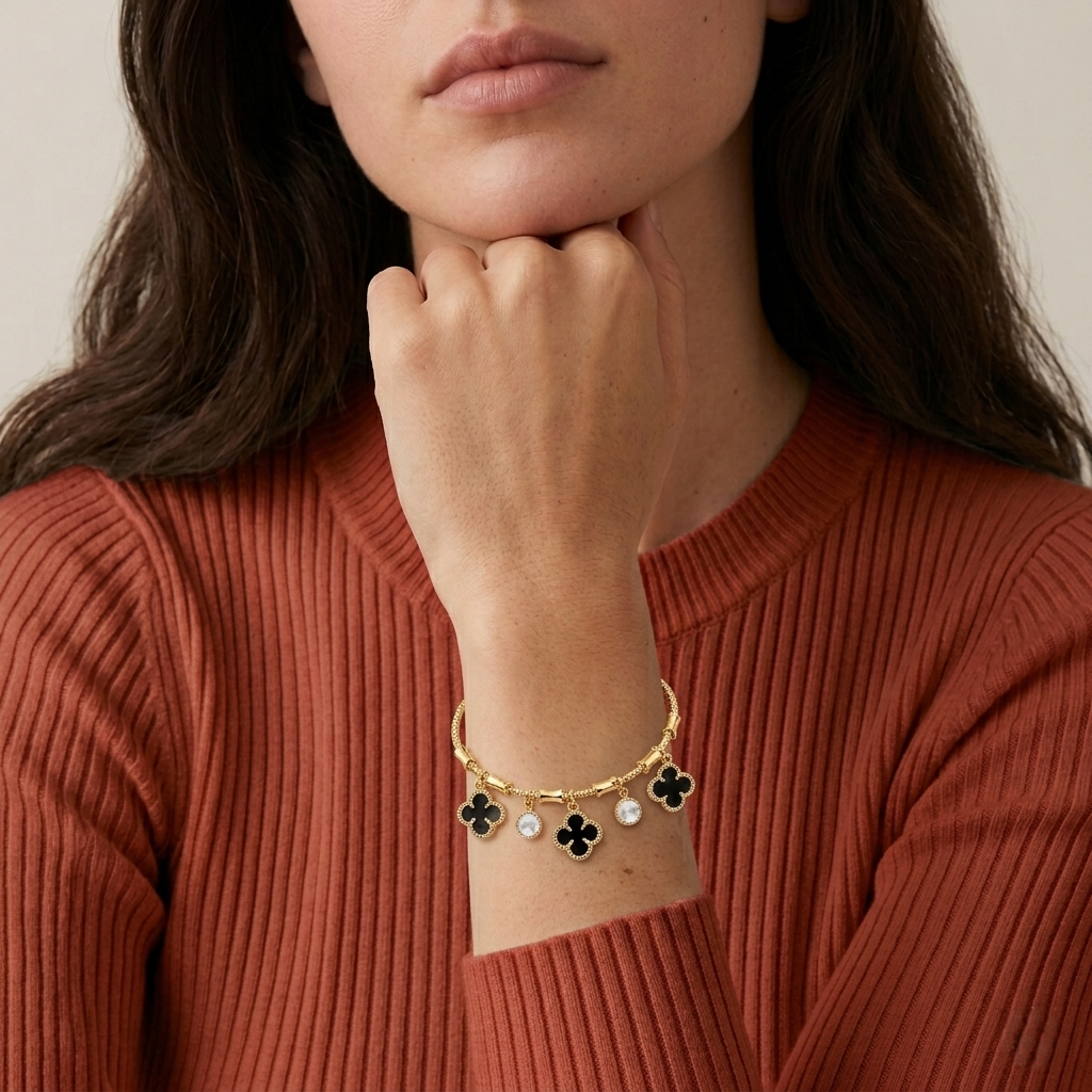 Clover Charm Bracelet with Crystal Drops