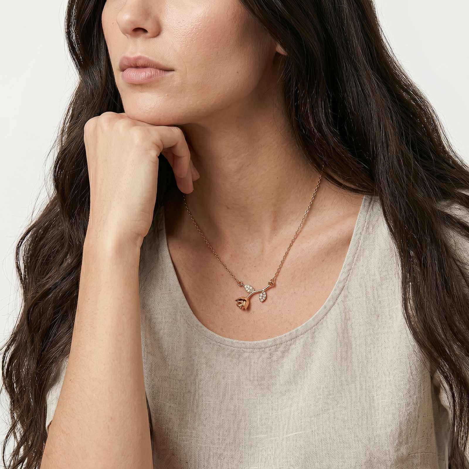 Crystal Leaf Rose Stem Chain