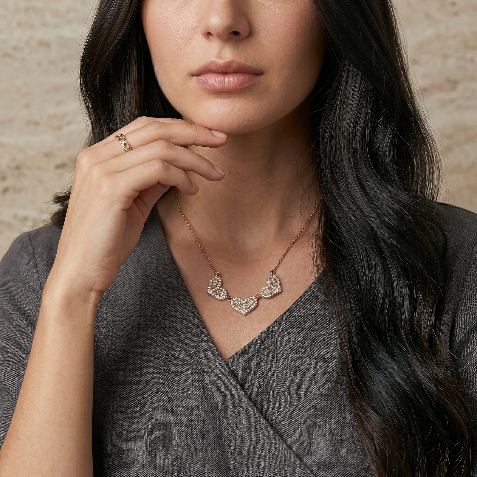 Triple Heart Crystal Charm Chain