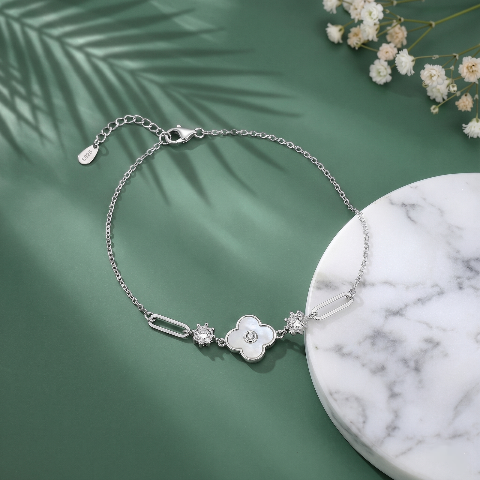 Elegant Clover Crystal Silver Bracelet