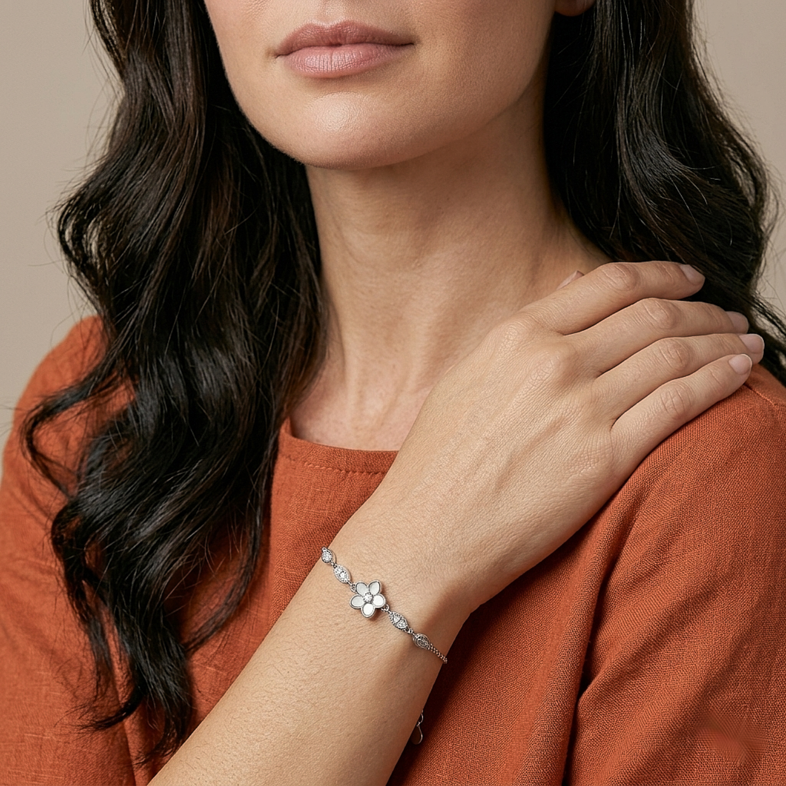 Floral Bloom Crystal Silver Bracelet