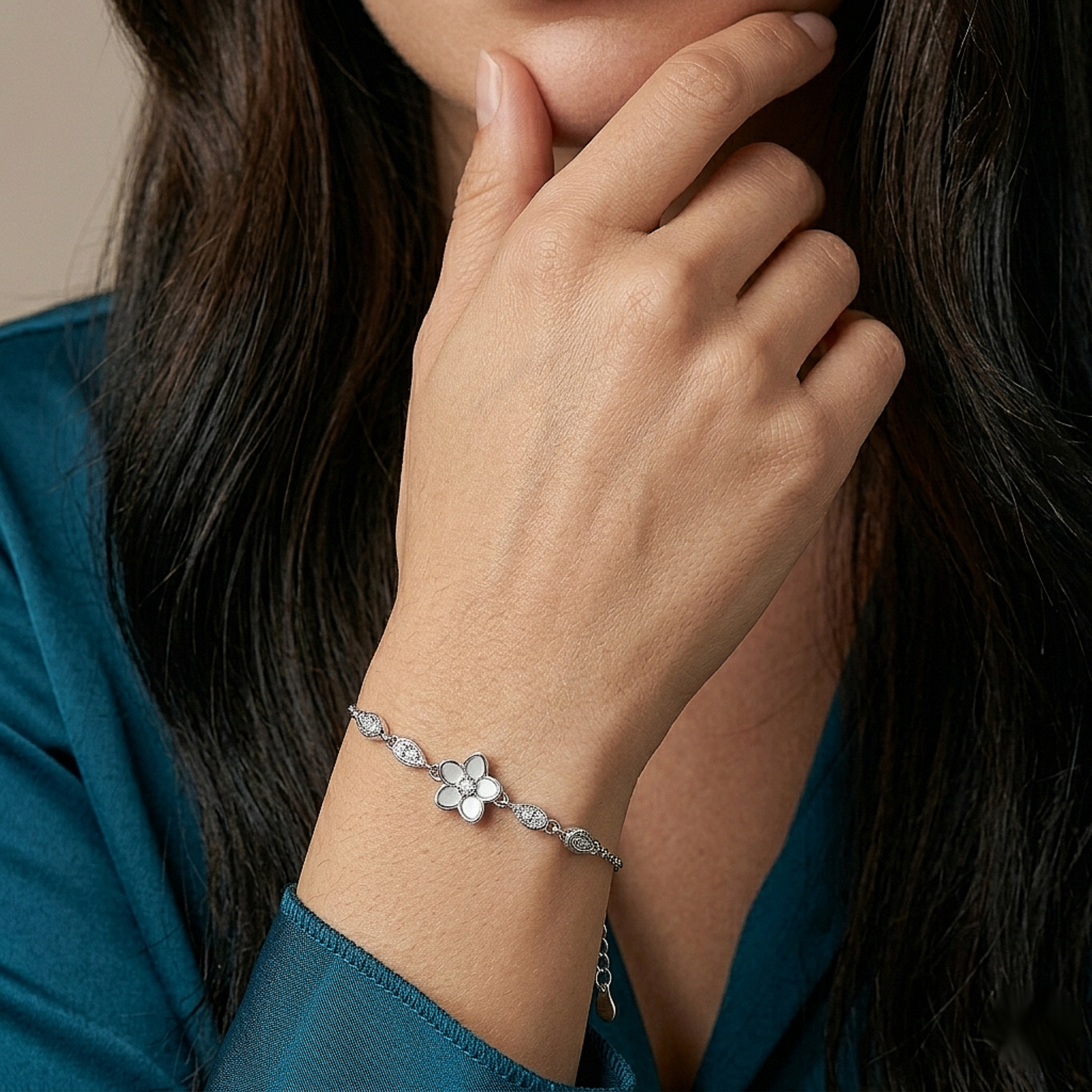 Floral Bloom Crystal Silver Bracelet