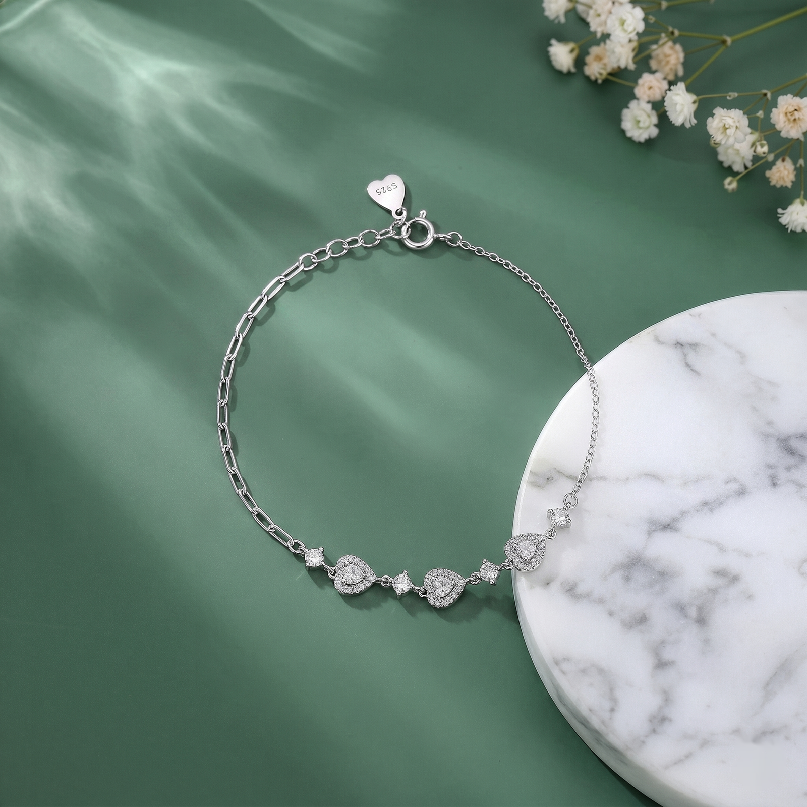 Elegant Heart Crystal Silver Bracelet