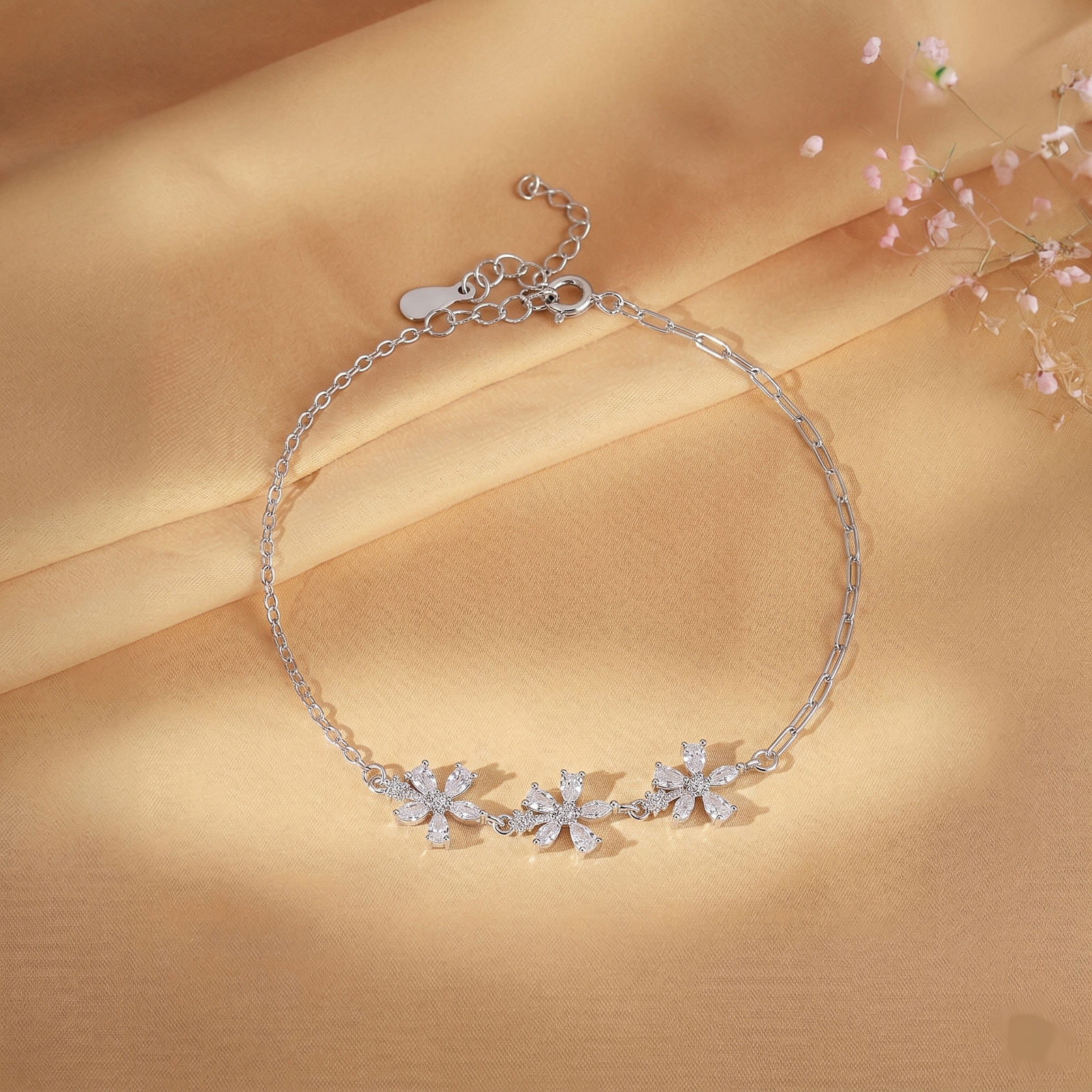 Crystal Flower Bloom Silver Bracelet