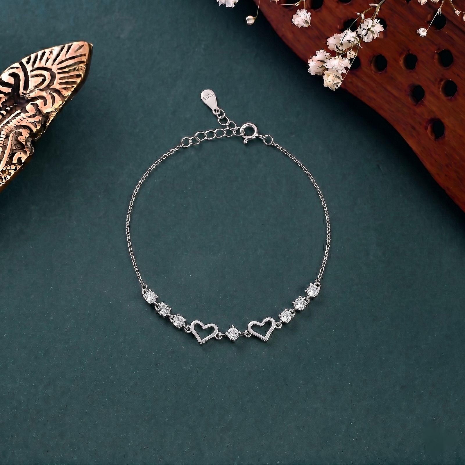 Romantic Twin Heart Crystal Silver Bracelet
