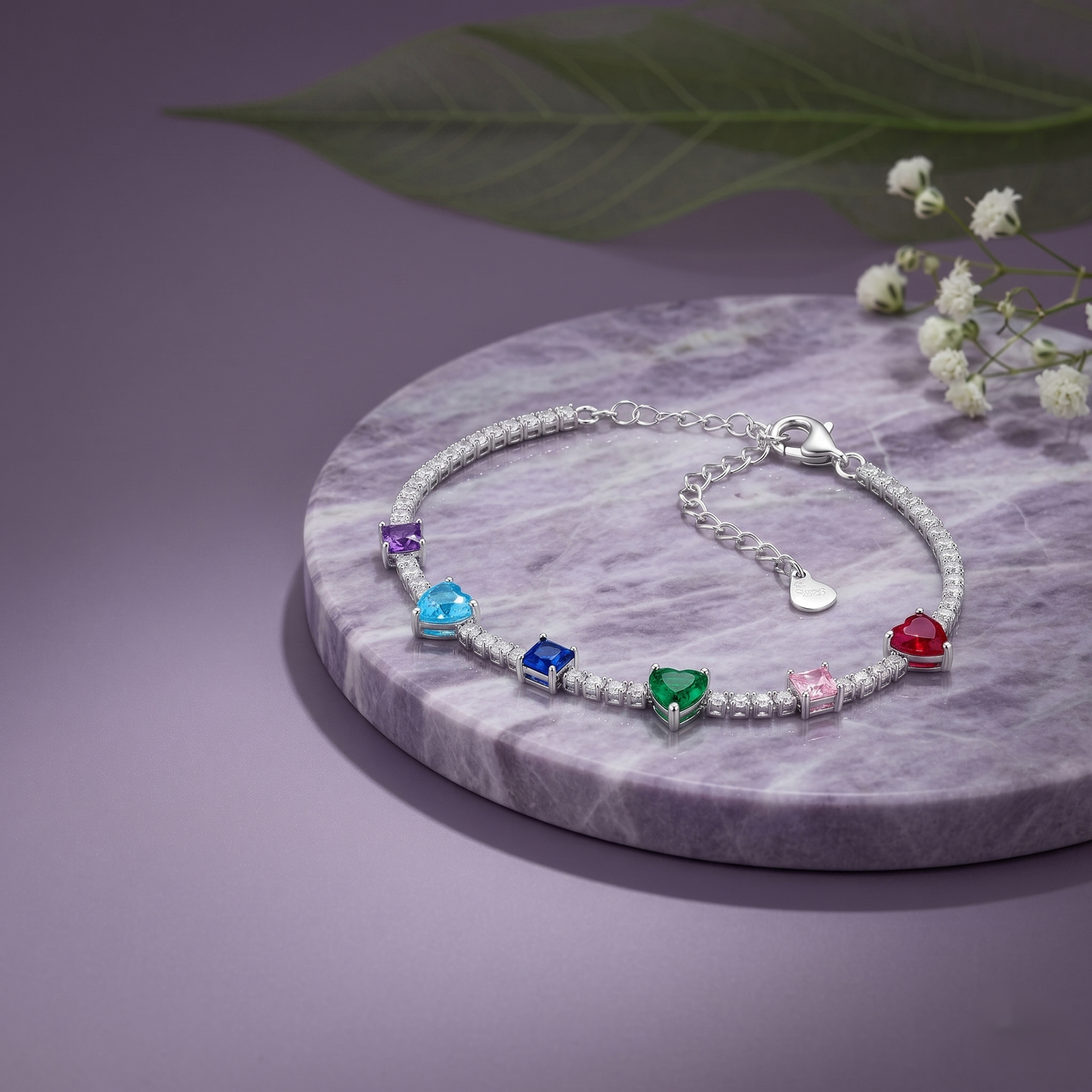 Rainbow Heart Crystal Silver Bracelet