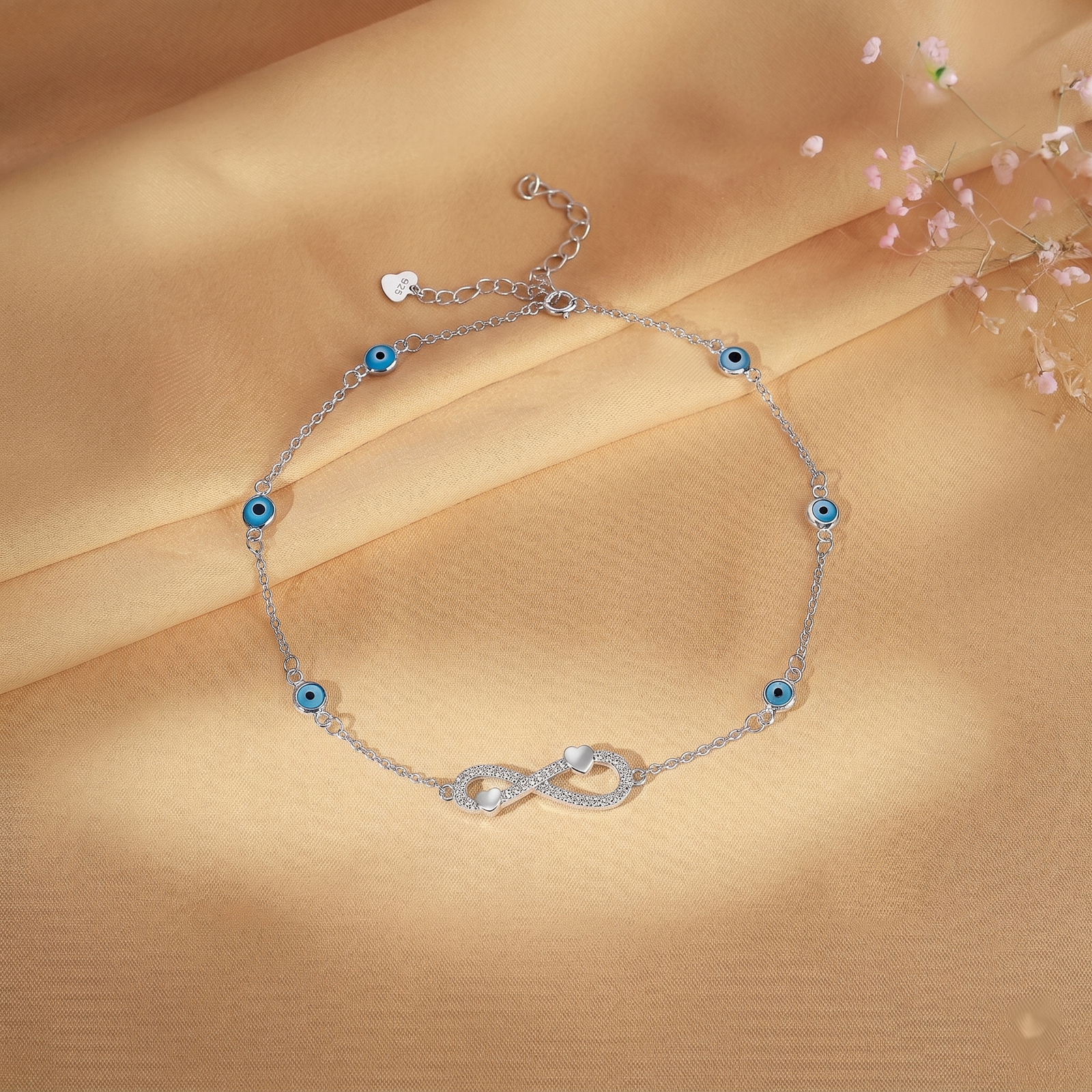 Infinity Heart Evil Eye Silver Anklet