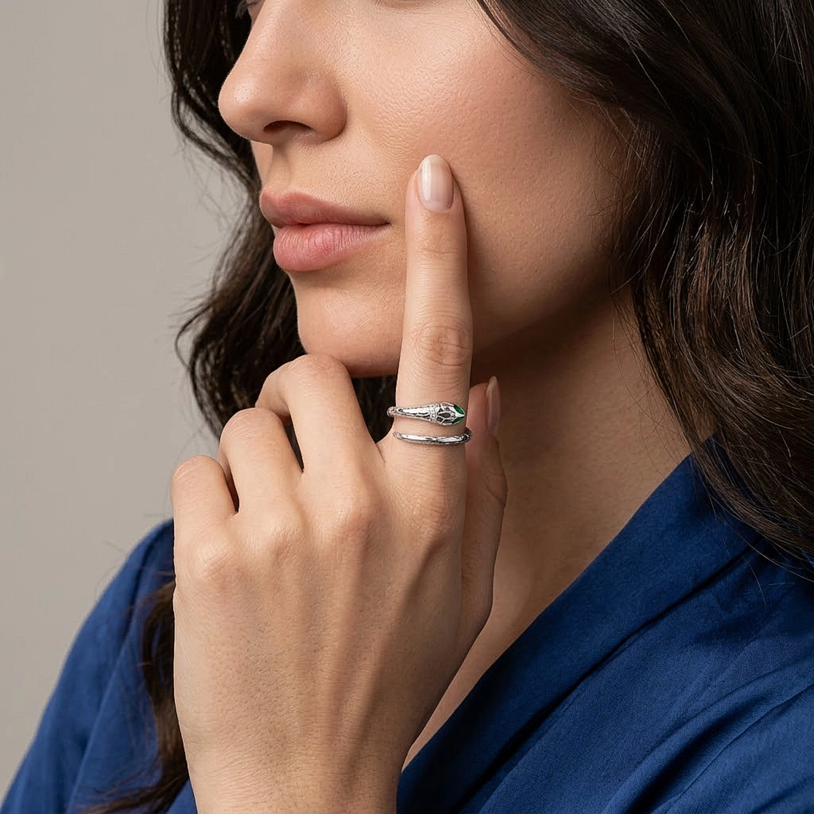 Emerald Snake Wrap Silver Ring