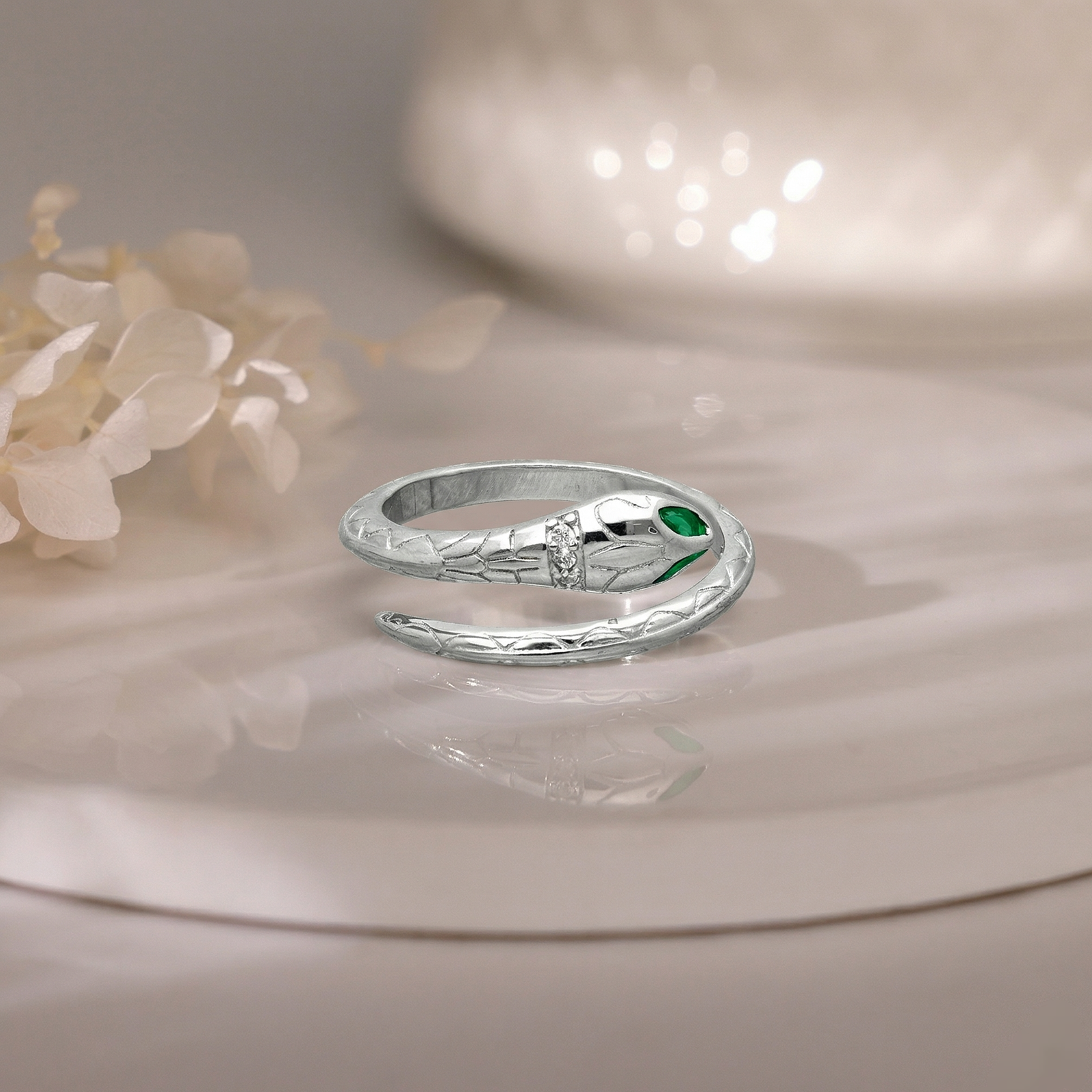 Emerald Snake Wrap Silver Ring