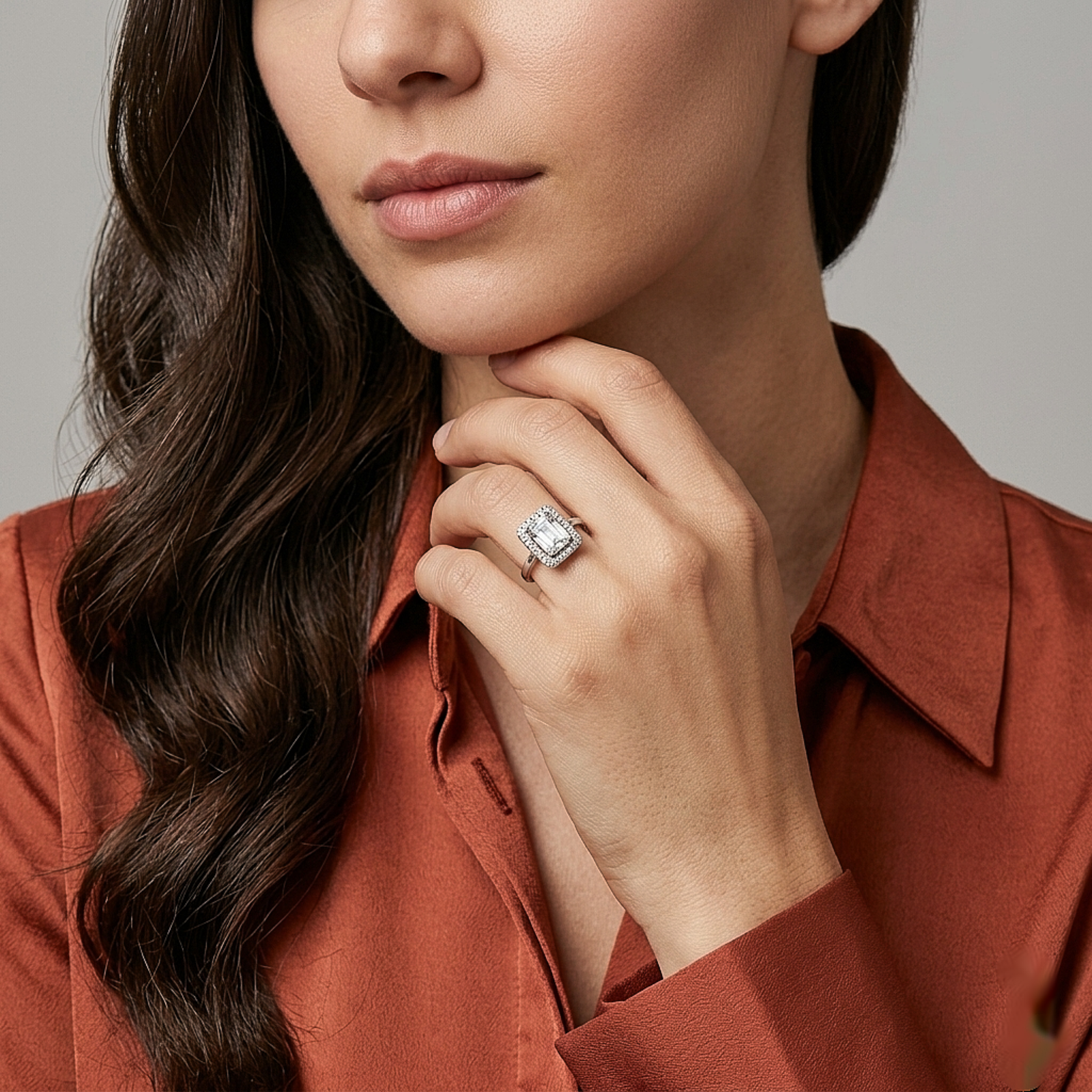 Emerald Cut Halo Silver Ring