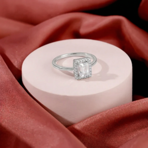 Emerald Cut Halo Silver Ring hover