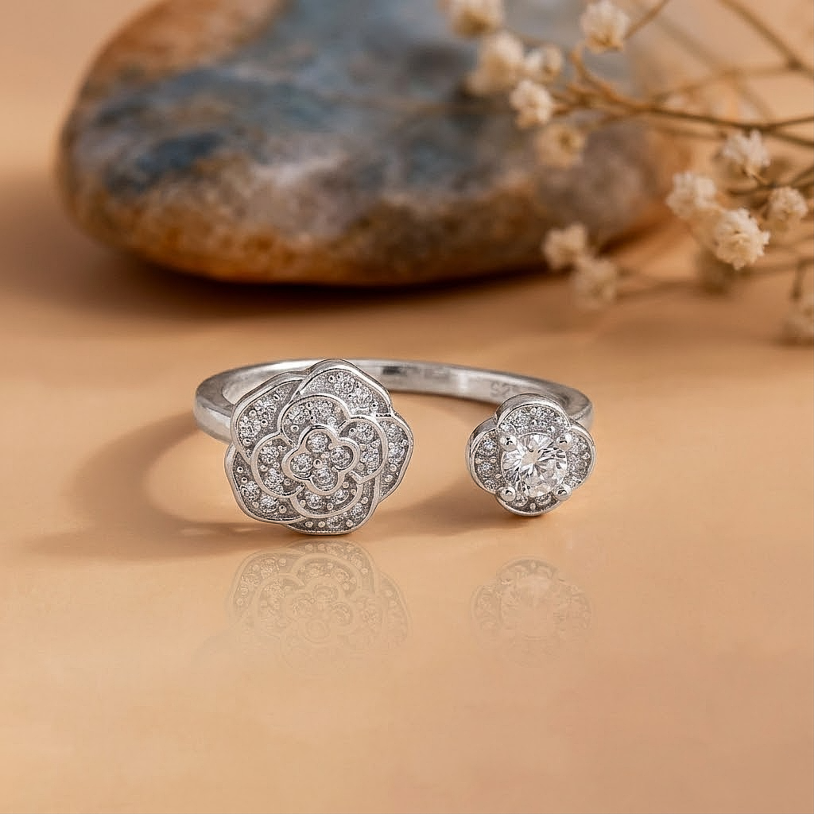 Floral Open Style Silver Ring