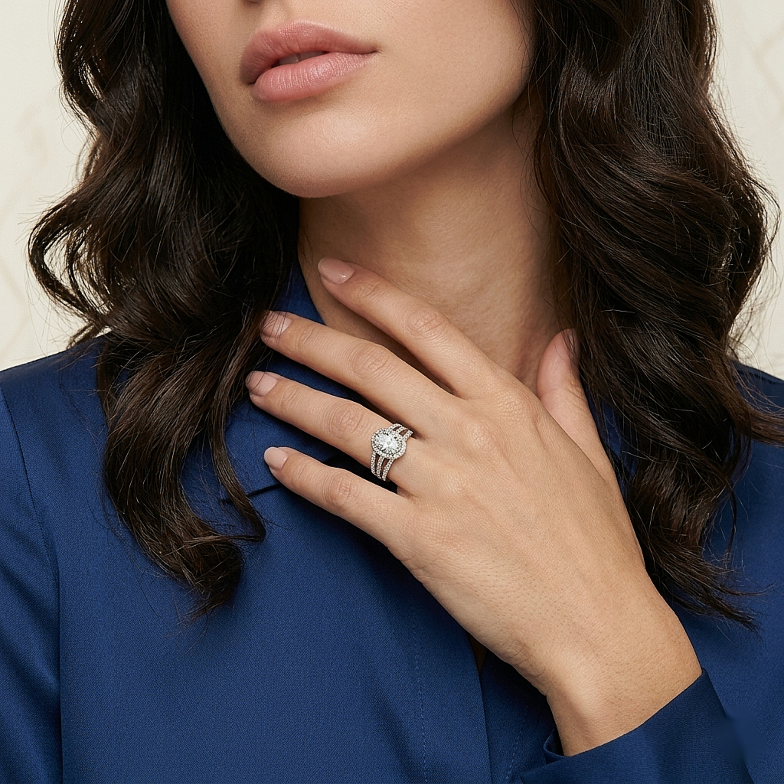 Oval Halo Triple Band Silver Ring