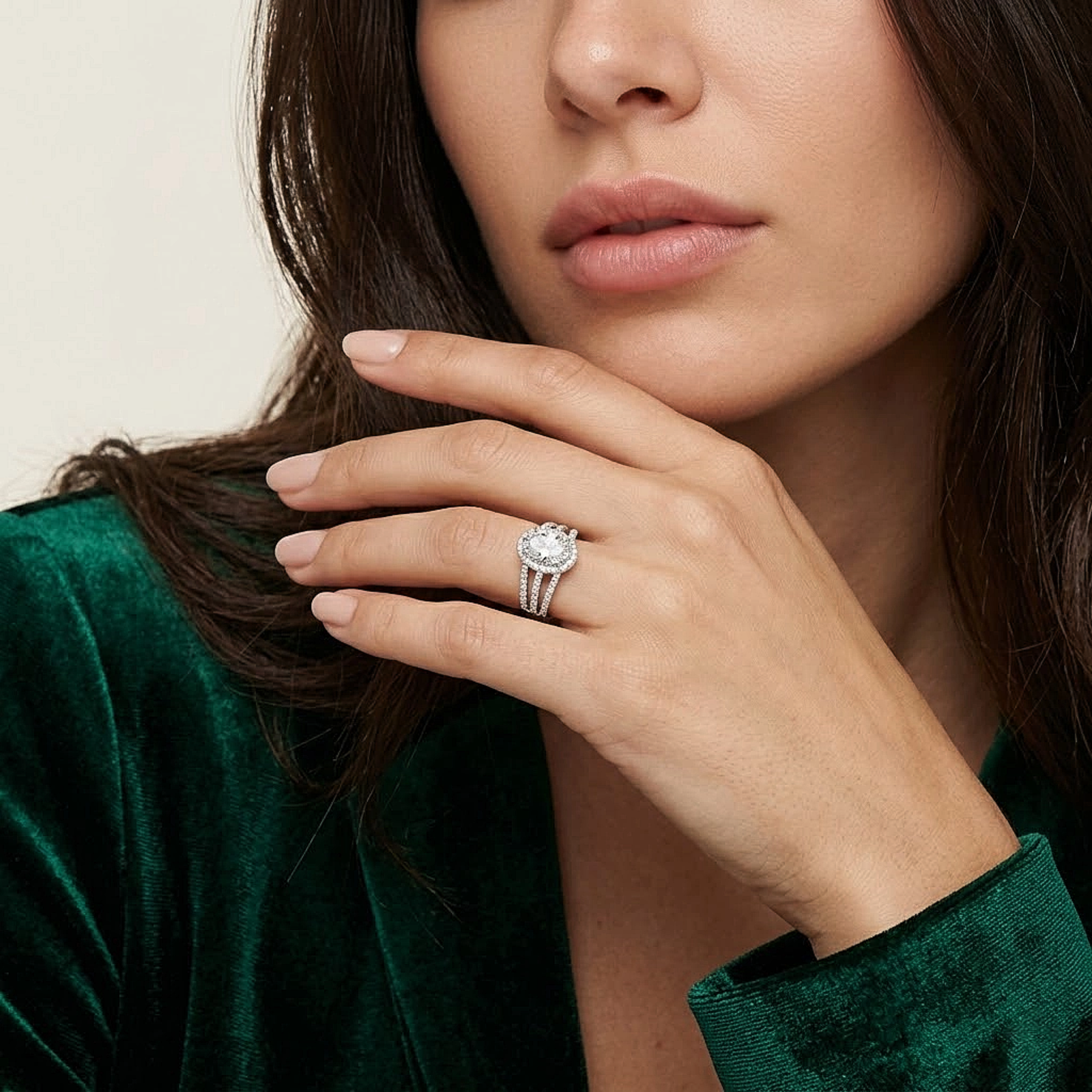 Oval Halo Triple Band Silver Ring