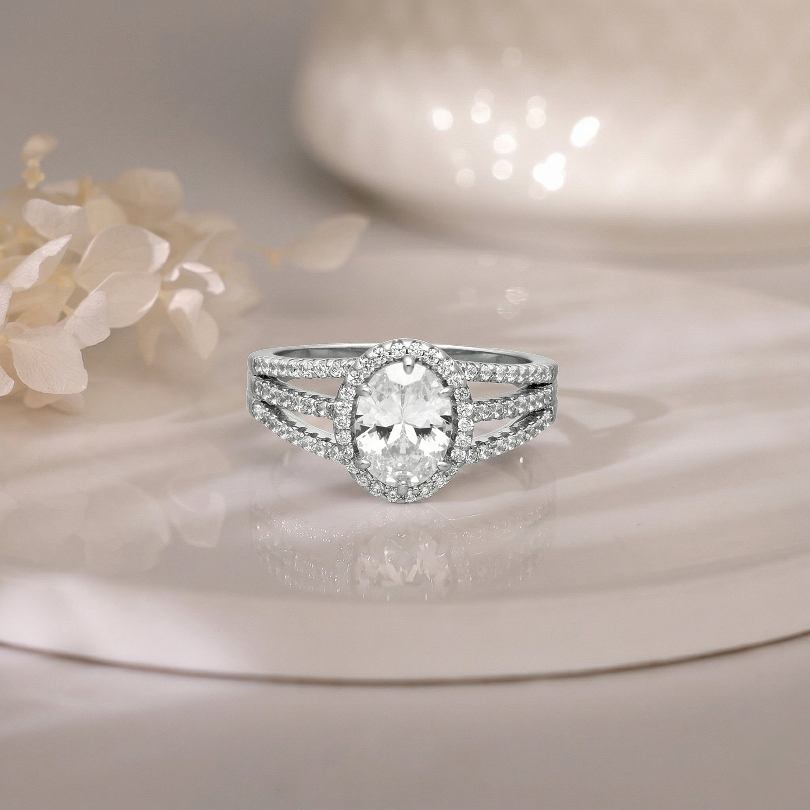 Oval Halo Triple Band Silver Ring