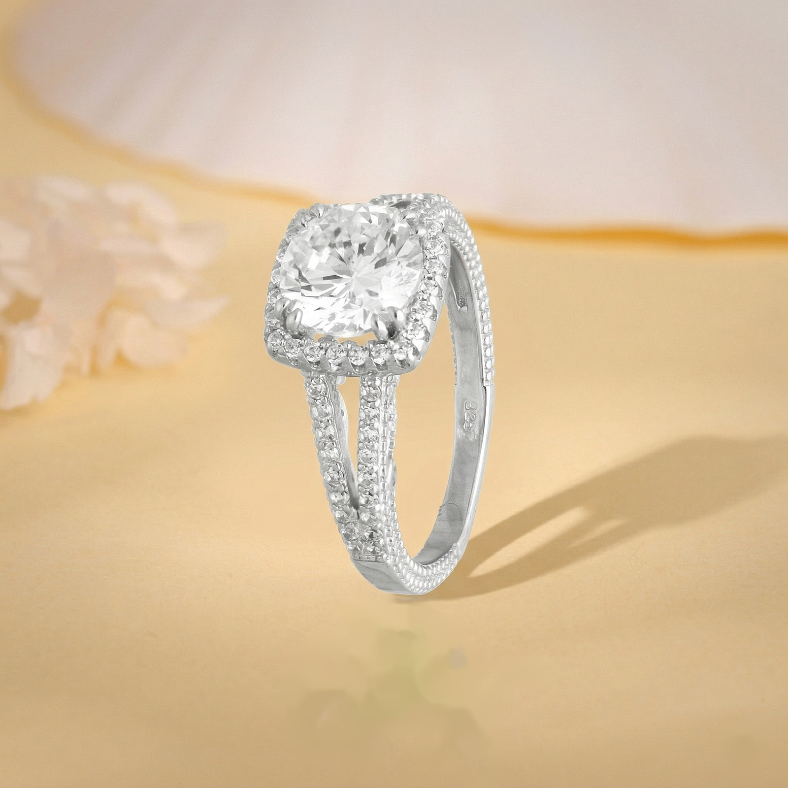 Cushion Halo Split Band Silver Ring