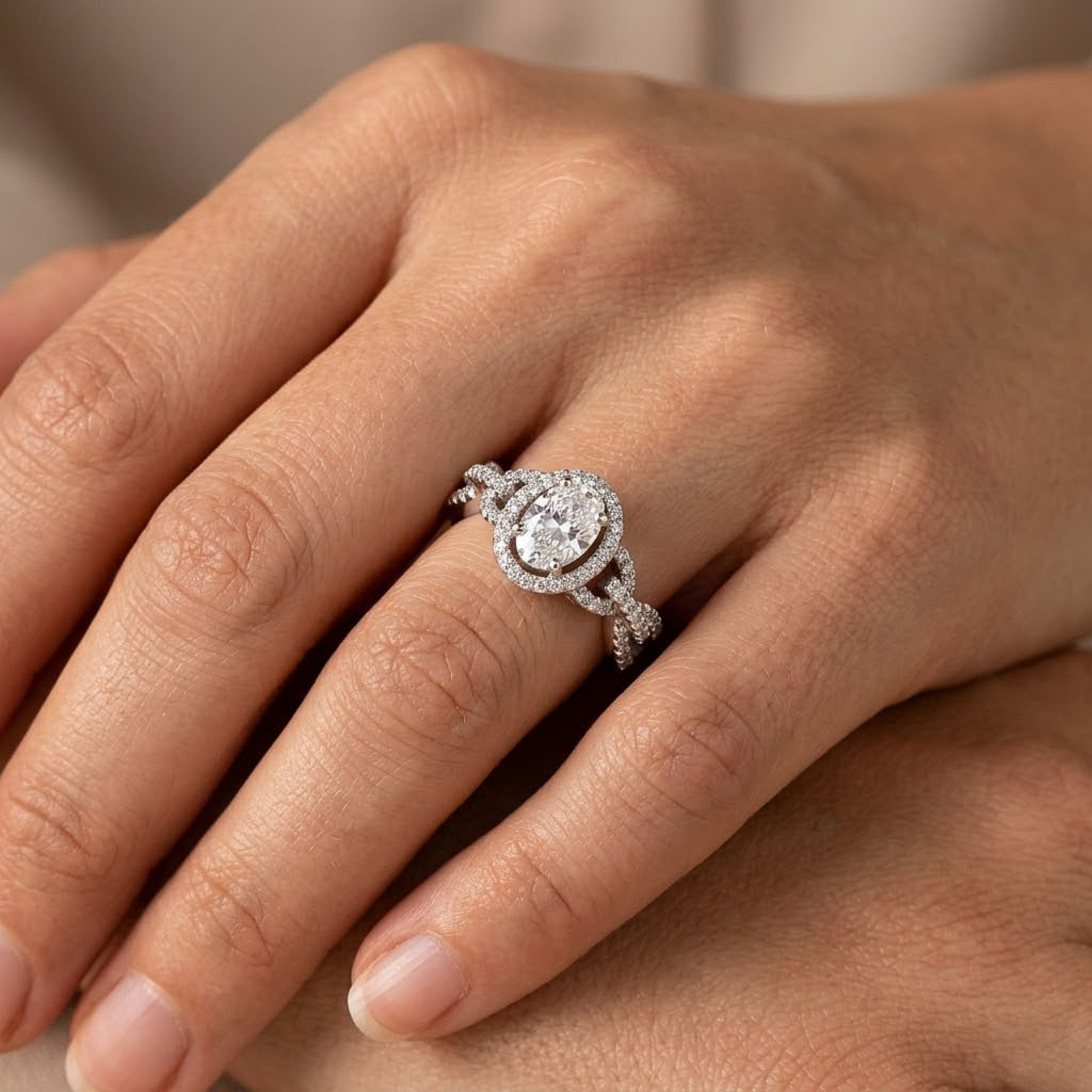 Oval Halo Twist Silver Ring