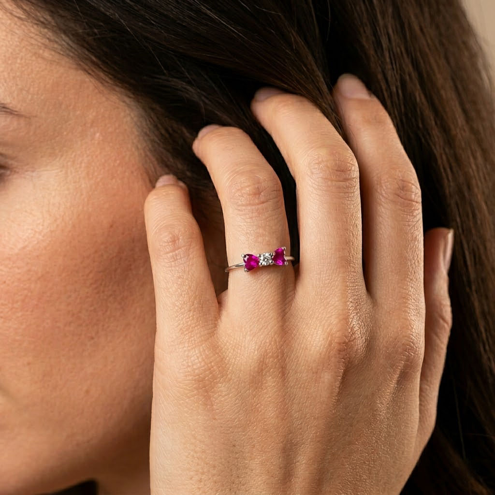 Pink Heart Trio Silver Ring