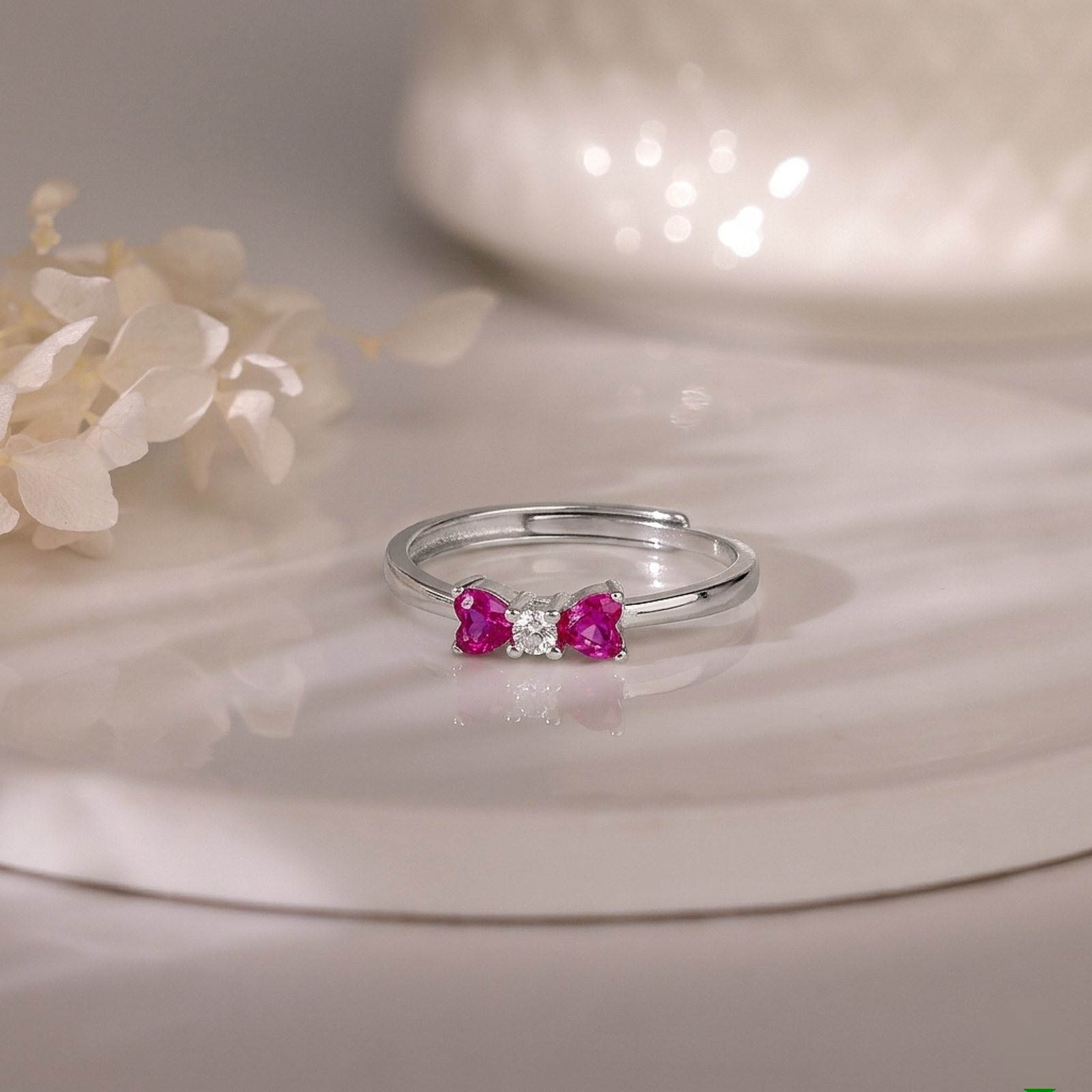 Pink Heart Trio Silver Ring