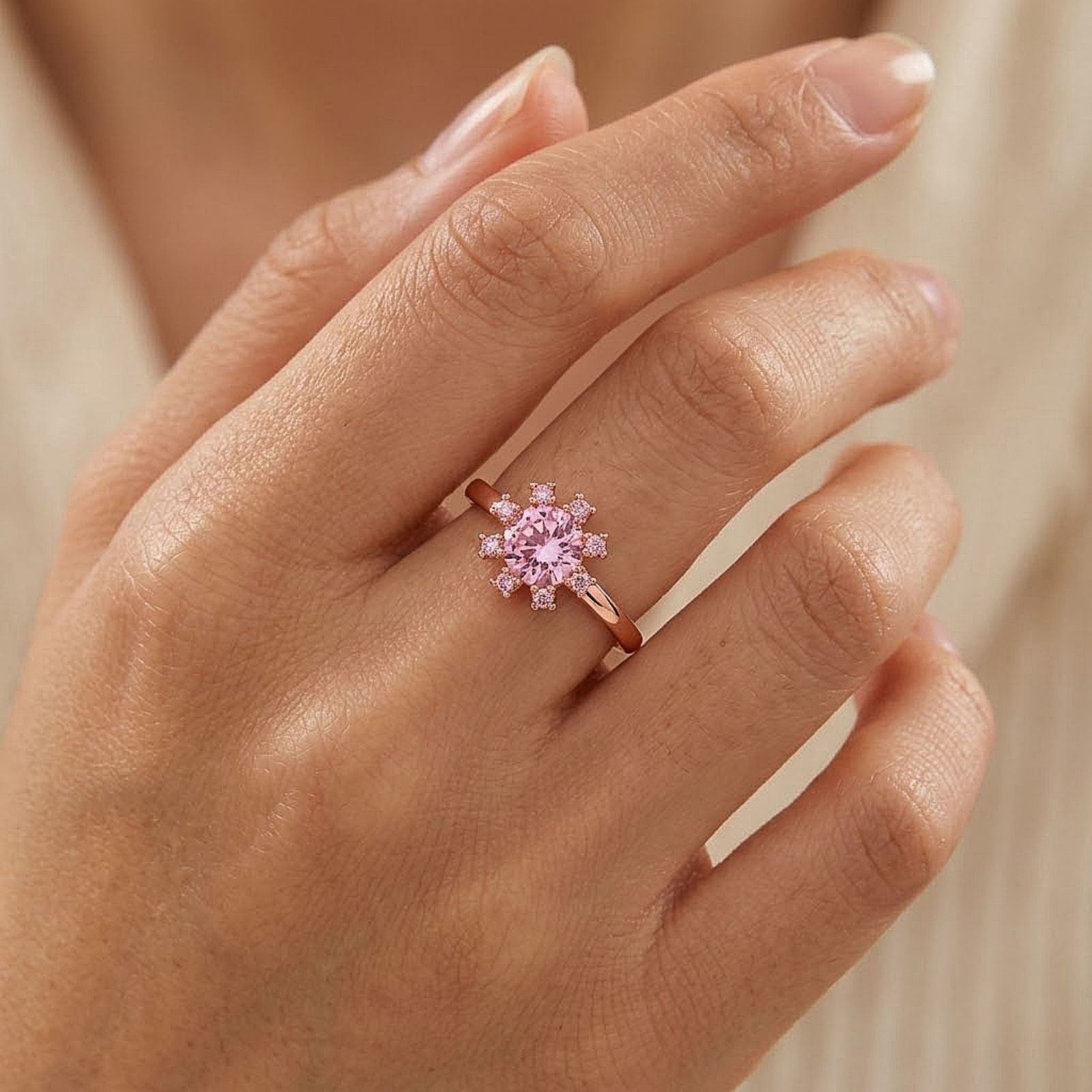 Pink Floral Silver Ring