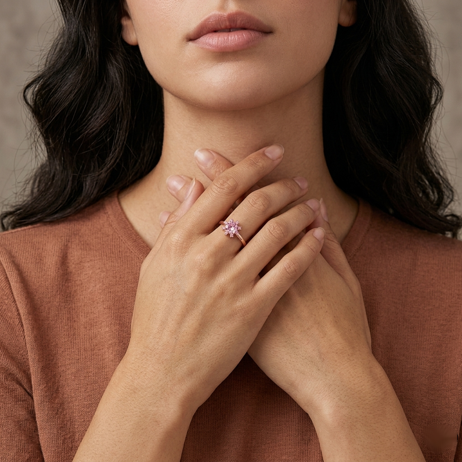 Pink Floral Silver Ring