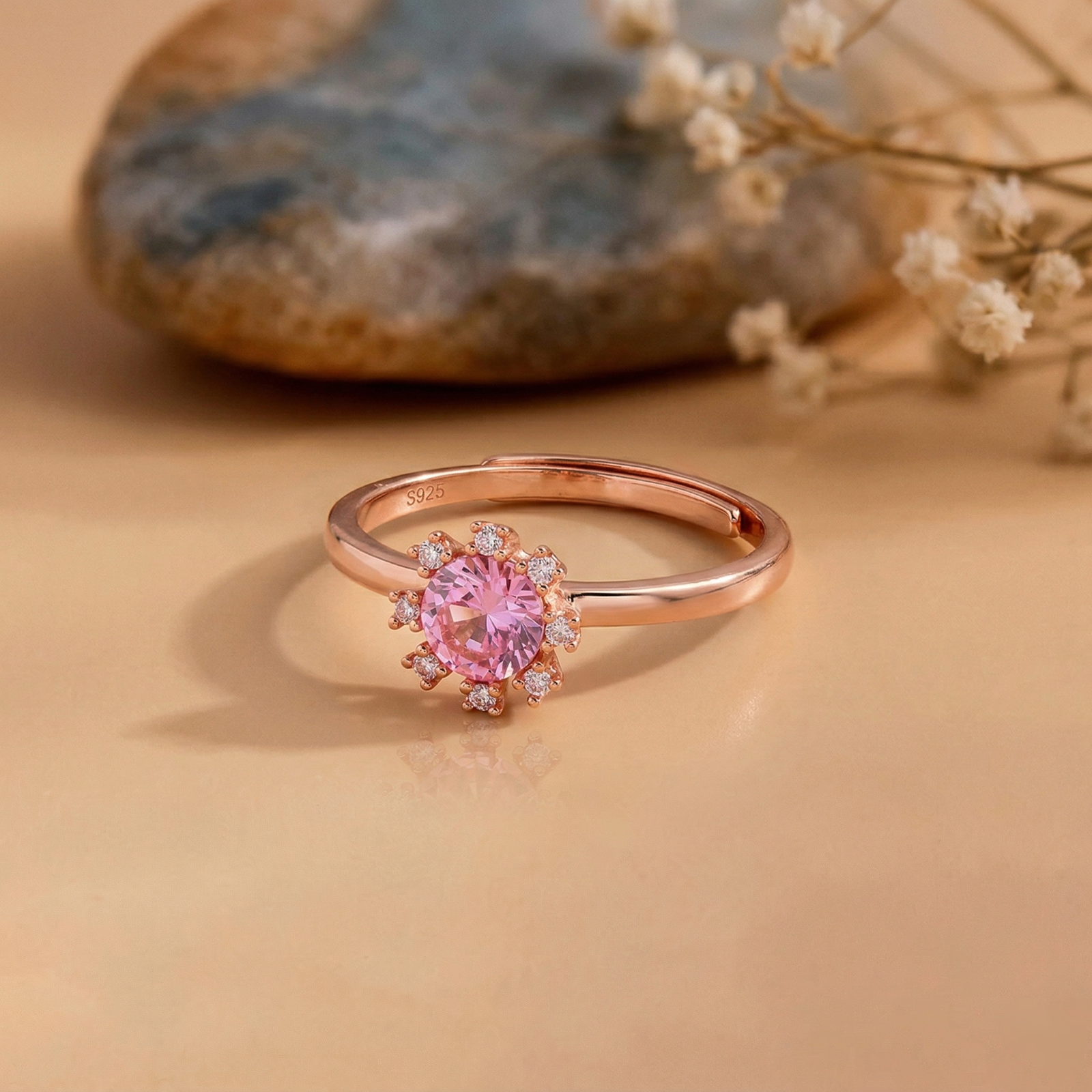 Pink Floral Silver Ring