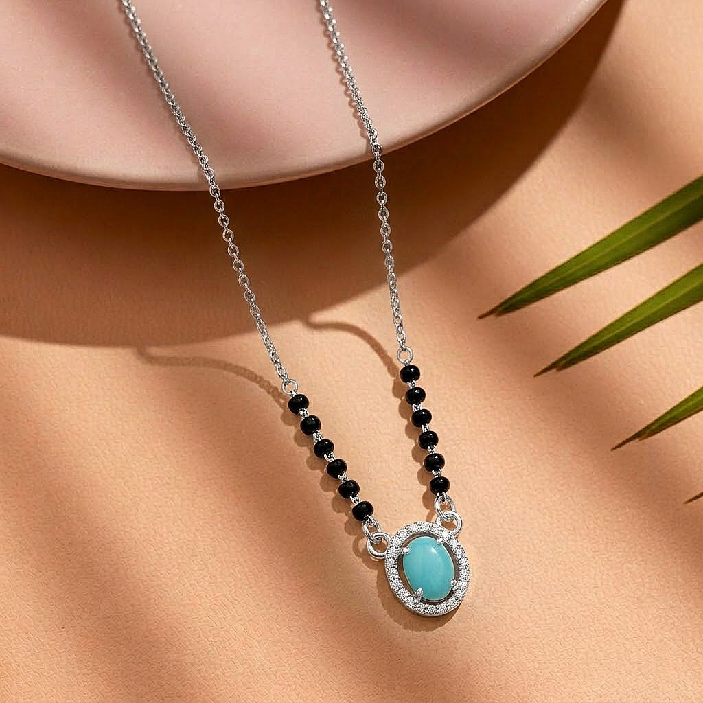 Blue Oval Crystal Silver Mangalsutra