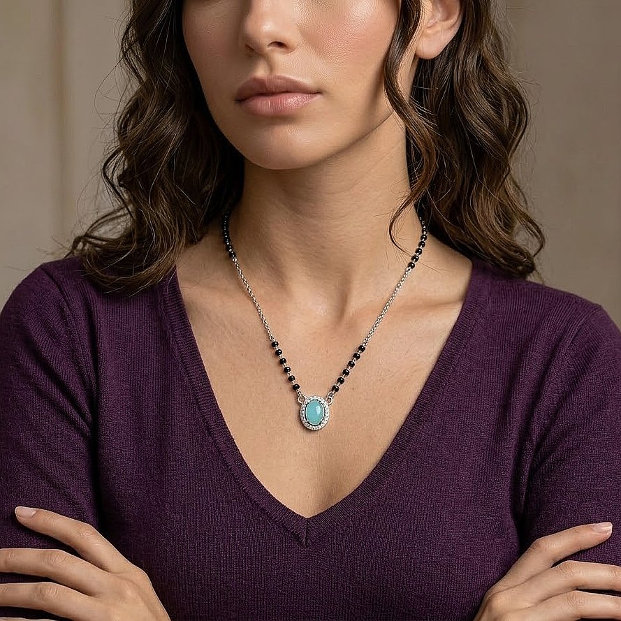 Blue Oval Crystal Silver Mangalsutra