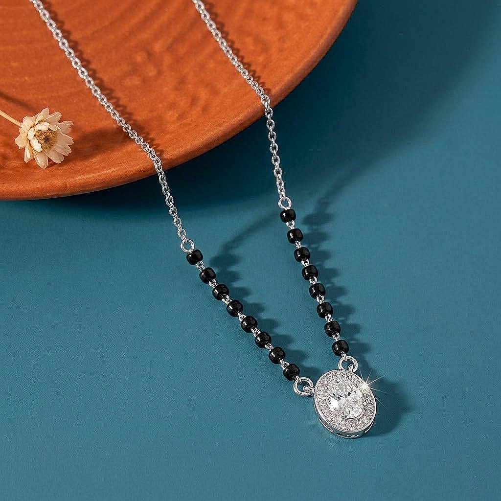 Oval Halo Silver Mangalsutra
