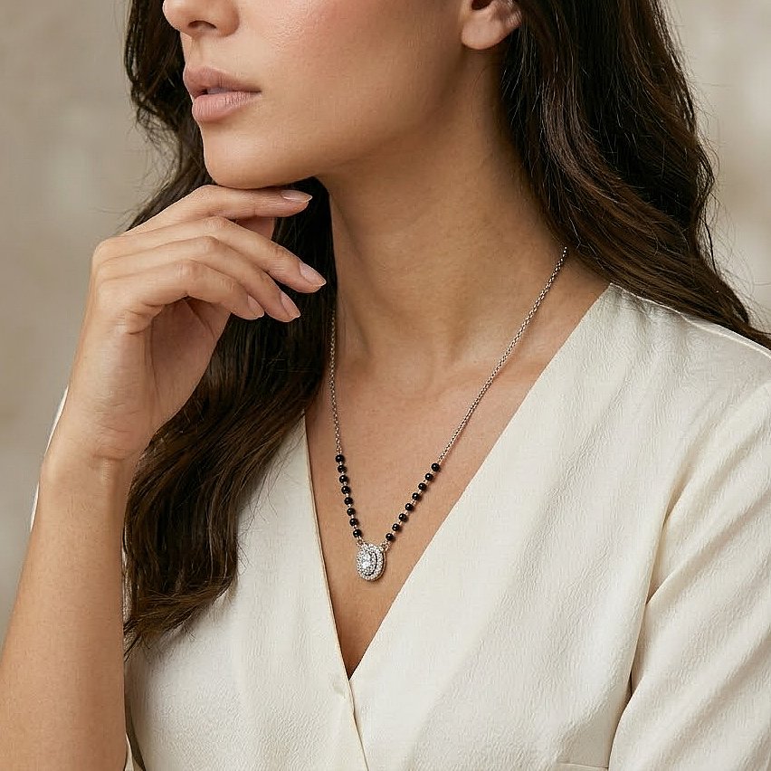 Oval Halo Silver Mangalsutra