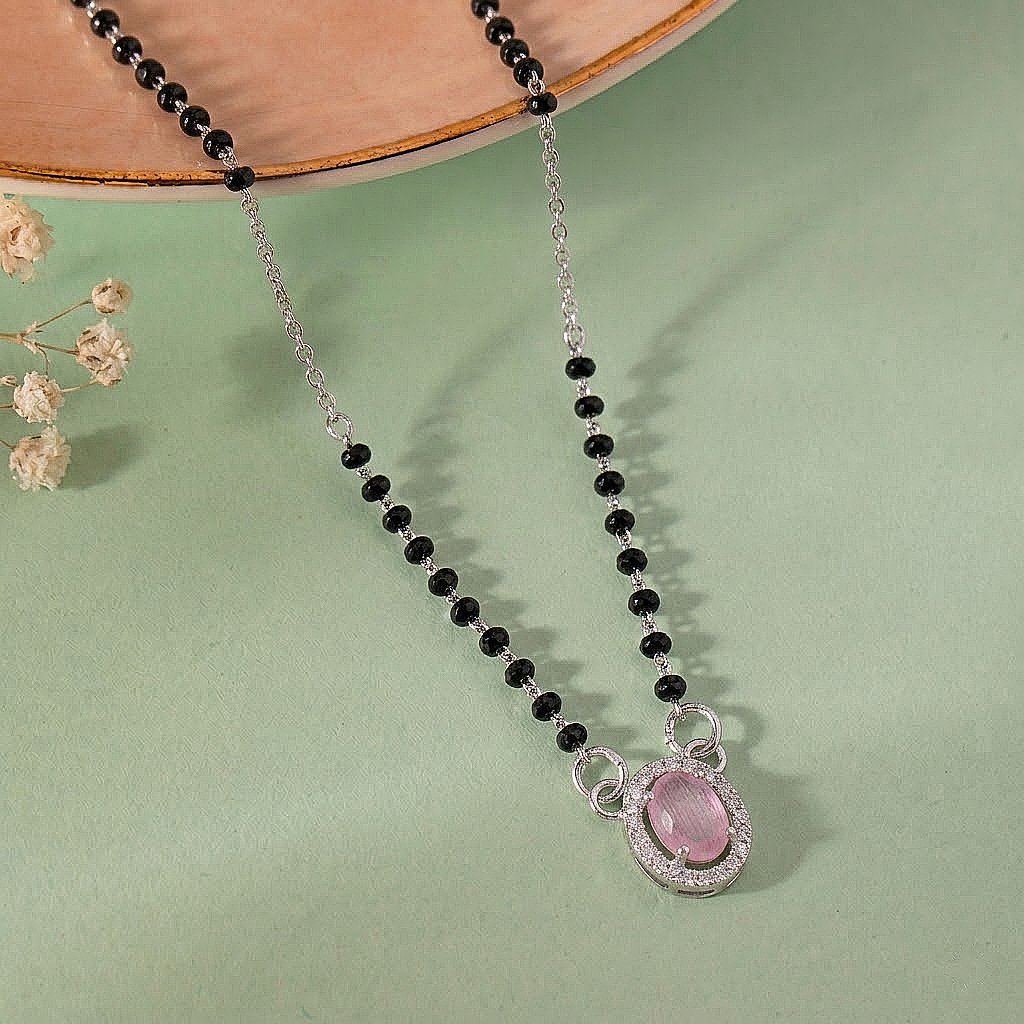 Pink Oval Halo Silver Mangalsutra