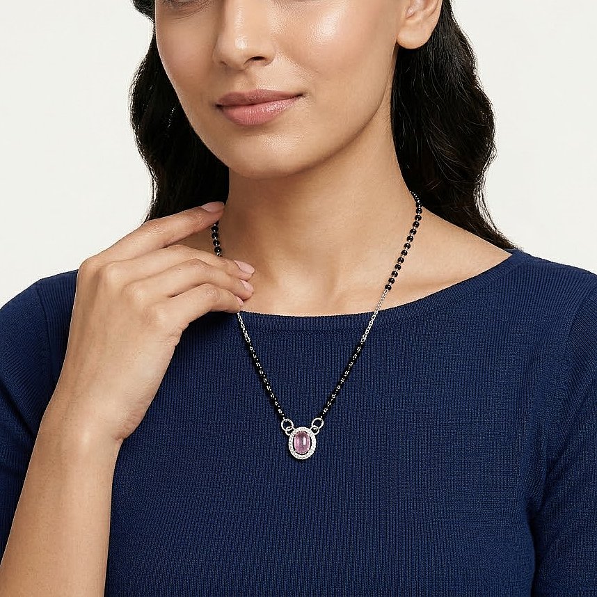 Pink Oval Halo Silver Mangalsutra