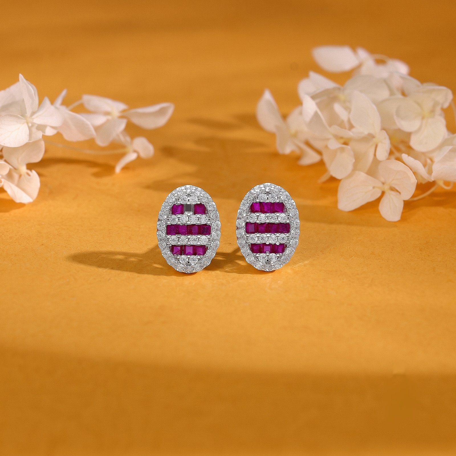 Ruby Stripe Halo Silver Stud Earrings
