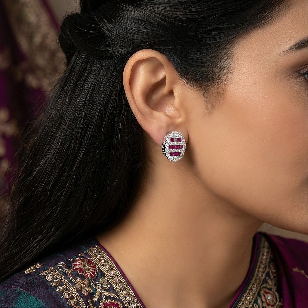 Ruby Stripe Halo Silver Stud Earrings