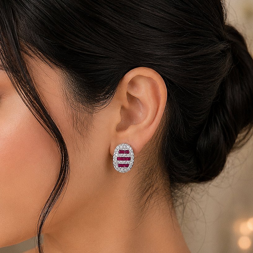 Ruby Stripe Halo Silver Stud Earrings